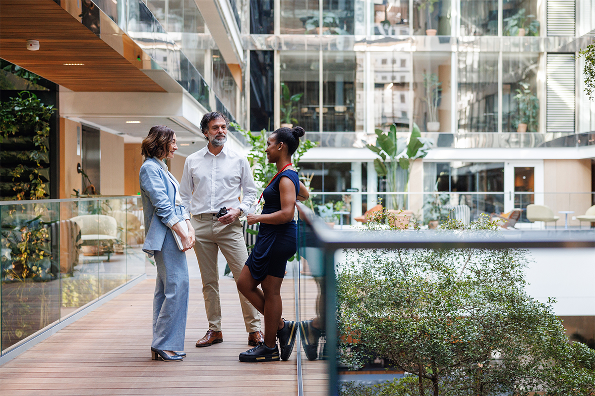 Colleagues in building lobby